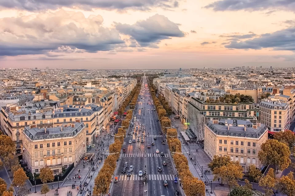 Aerial view of Champs Elysees boulevard in Paris, France.